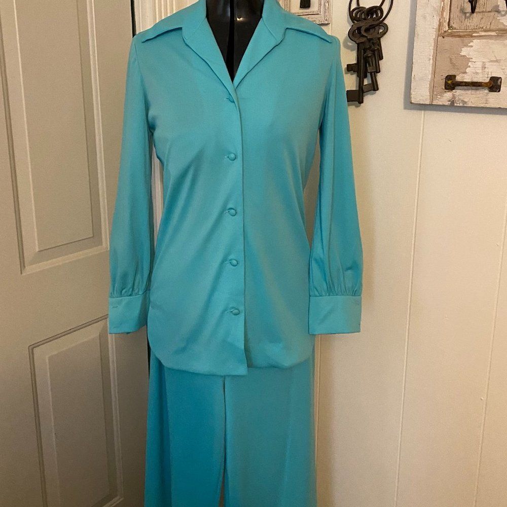 Vintage Kitty 60"s 70"s Turquoise 3 Piece Paint/Leisure Suit Size 10